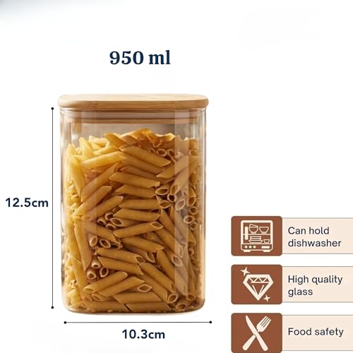 Image of Airtight Square Glass Storage Jar with Bamboo Lid, 950ml Multipurpose Kitchen Container for Coffee, Tea, Sugar, Masala, Spices & Dry Fruits | Modern Transparent Pantry Organizer (Pack of 1)