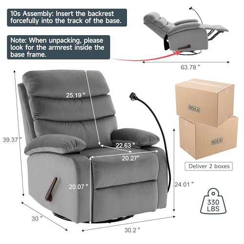 GNMLP2020 Swivel Rocker Recliner Chair for Adults, Rocking Recliner Chair, Manual Small Recliners for Small Spaces, Living Room, Nursery, RV, Light Grey