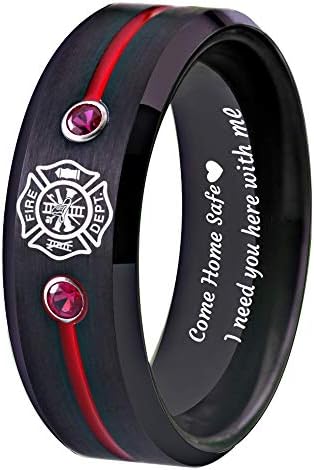 CLOUD DANCER Firefighter Fireman Fire Department Fire Police Ring - Husband Boyfriend Best Friend Tungsten Ring Gifts (Red Line and Zircons, 10)