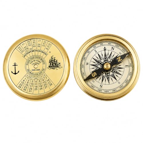 Premium Solid Brass Pocket Compass Featuring 100-Year Calendar Top, Vintage Style Marine Directional Compass, Antique Nautical Keepsake & Travel Gift.