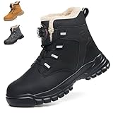 KOIFISH Winter Work Boots Mens Womens Warm Fur Lined No Lace Steel toe Cap Boots Comfortable Anti Slip Lightweight Safety Shoes Black