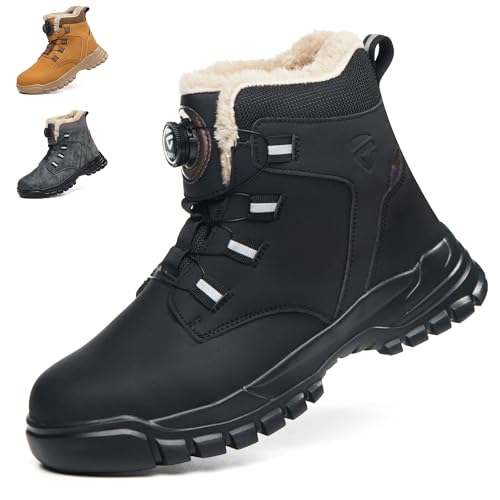 KOIFISH Winter Work Boots Mens Womens Warm Fur Lined No Lace Steel toe Cap Boots Comfortable Anti Slip Lightweight Safety Shoes Black