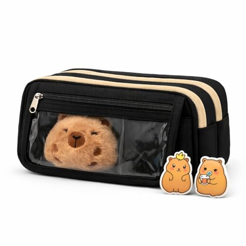 Estojo Escolar Infantil Capivara/Panda com Pelúcia e Bottons – Fofo com Compartimentos, Organizador Kawaii para Crianças