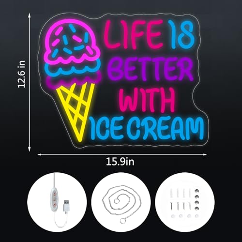 Image of Ice Cream Neon Sign Wall Decor Custom Dimmable LED Light for Shop USB Powered Ice Cream Bar Food Shop Neon Art Party Neon Sign Decor 12.6x15.9 inch