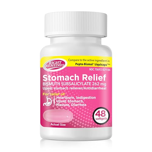 RIGHT REMEDIES Upset Stomach Relief Multi-Symptom Relief (48 Softgels) Bismuth Subsalicylate 262mg Compare to the Active Ingredient in PEPTO-BISMOL Liquidcaps