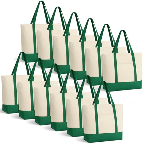 Sunnymove 12 Pcs Large Canvas Tote Bags Bulk with Top Zipper Closure, Reusable Grocery Shopping Bags, Bachelorette Party DIY Gifts (Green)