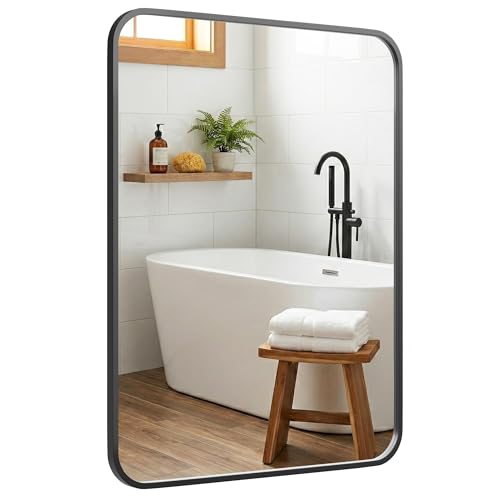 Pocetry 24x36 Inch Matte Black Rounded Rectangle Bathroom Vanity Mirror