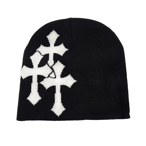Y2K Knitted Beanies, Cross Pattern Hat Solid Color for Women Men, Winter Warm Hat Outdoor Sports (Cross Graphics)