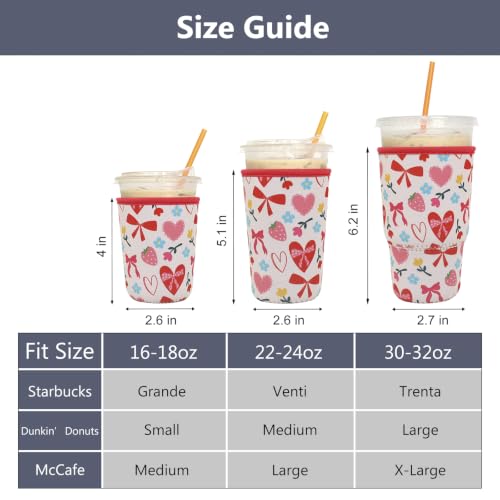 Image of 3 Pack Reusable Iced Coffee Sleeves - Xumbtvs Insulator Sleeve for Cold Beverages, Neoprene Coffee Cup Holder (Pink Hearts)