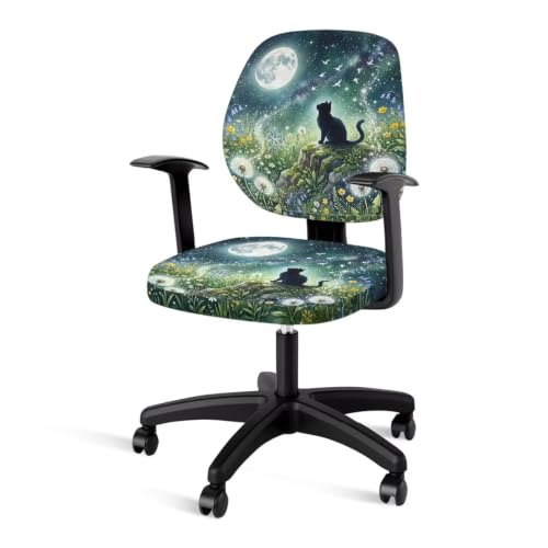 Image of Talayituse Galaxy Cat Moon Flower Print Office Computer Chair Covers, Split Stretchable Seat Cover Removable & Washable Rotating Chair Protective Slipcover