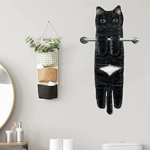 Thstheaven Cat Funny Hand Towels for Bathroom Kitchen - Cute Decorative Cat Decor Hanging Washcloths Face Towels Super Absorbent Soft- Housewarming Gift for Cat Lovers (Black), 13x55cm