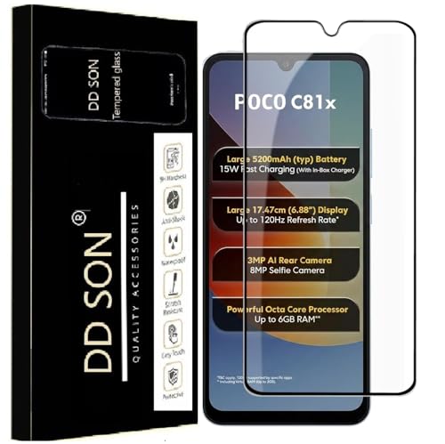 Image of DD SON Premium Tempered Glass Screen Protector Guard Compatible For Xiaomi Poco C81x 5G (6.88 Inch, Pack of 1) | Edge to Edge Coverage With Easy to installation kit for Smartphone