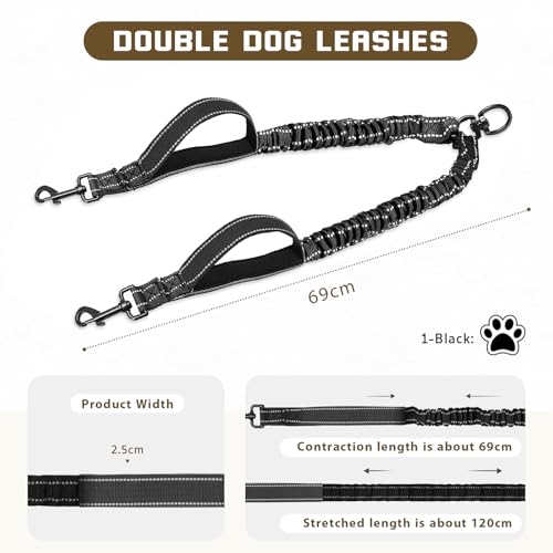 Blanlody Doppelleine für 2 Hunde, Keine Rwicklung Hundeleine für 2 Hunde 360° Drehbare Leine für 2 Hund,Hundeleine für Zwei Hund mit 2 Karabinerhaken,Keine Leine - Größe L