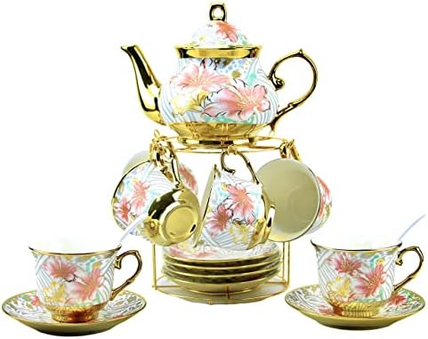 20 Pieces Porcelain Tea Set With Metal Holder, European Ceramic tea set for adults,Flower Tea Set,Tea Set For Women With Flower Painting (Large version, White)
