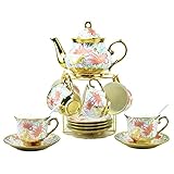 20 Pieces Porcelain Tea Set With Metal Holder, European Ceramic tea set for adults,Flower Tea Set,Tea Set For Women With Flower Painting (Large version, White)