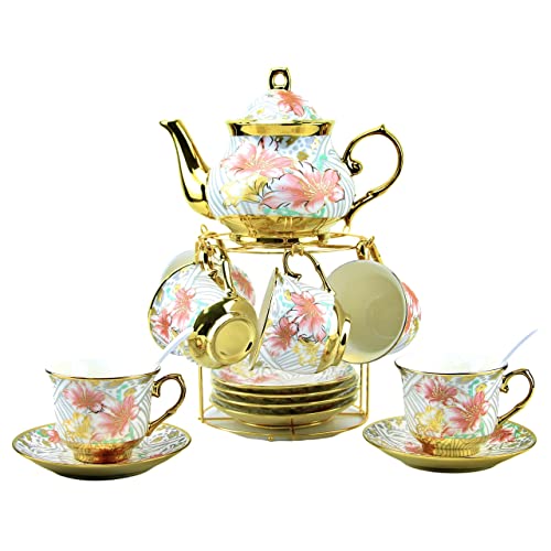 20 Pieces Porcelain Tea Set With Metal Holder, European Ceramic tea set for adults,Flower Tea Set,Tea Set For Women With Flower Painting (Large version, White)
