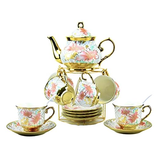 20 Pieces Porcelain Tea Set With Metal Holder, European Ceramic tea set for adults,Flower Tea Set,Tea Set For Women With Flower Painting (Large version, White)
