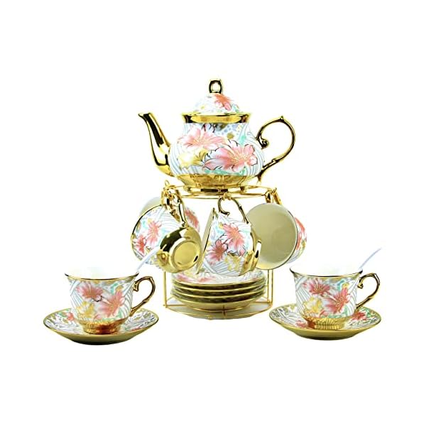 20 Pieces Porcelain Tea Set With Metal Holder, European Ceramic tea set