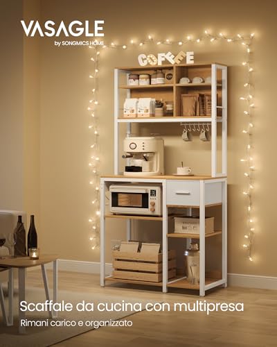 VASAGLE Scaffale Cucina con Multipresa, Mobile Cucina, 40 x 80 x 180,4 cm, Scaffale per Microonde, Ripiani Regolabili, Cassetto in Tessuto, 12 Ganci, Rovere Dorato e Bianco Nuvola KKS015Y02 - Immagine 3