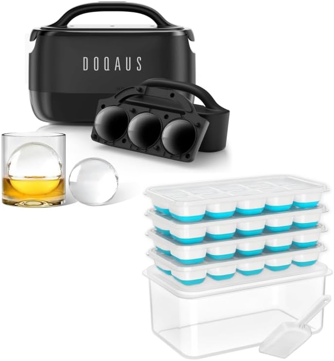 DOQAUS 2.5 Inch Clear Ice Ball Maker & 4 Pack Ice Cube Trays with Bin