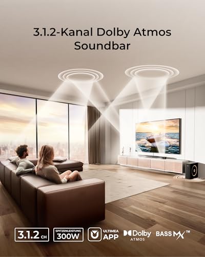 ULTIMEA 3.1.2 Soundbar für TV Geräte mit Dolby Atmos, Surround Sound System, App, Soundbar mit Subwoofer für Heimkino Soundsystem, 2 Nach Oben Abstrahlende Treiber, BT 5.4, HDMI eARC, Skywave F30