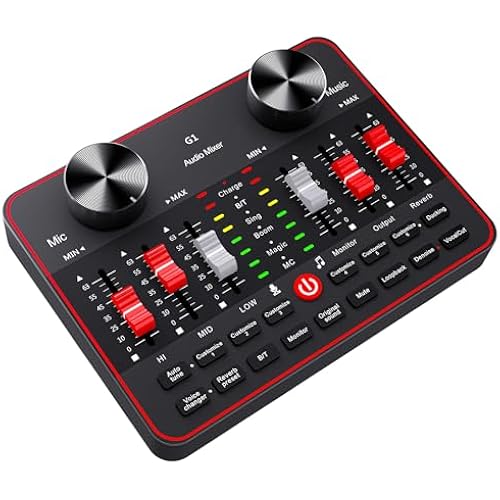 Audio Mixer, Sound Board for Pc/Phone Live Streaming Singing Gaming, Audio Interface for 3.5mm Microphone, Live Sound Card with DJ Mixer Effects & Voice Changer, Denoise, Bluetooth Podcast Mixer