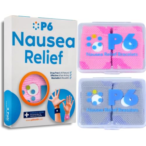 Image of P6 Motion Sickness Bands for Adults, 2 Pack Pink, Grey | Anti Nausea, Sea Cruise Travel Car Pregnancy Morning Sickness, All-Natural Non Drowsy Relief, Acupressure Treatment