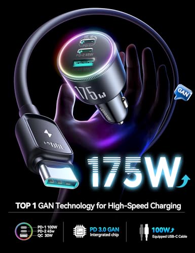 JOYROOM 175W USB C Car Charger Fast Charging, 3-Port Car Phone Charger PD100W+45W+USB30W Type C Car Charger Adapter with 100W USBC Cable Compatible with iPhone 16 Pro Max/16e, Samsung, iPad, Laptop — view 2