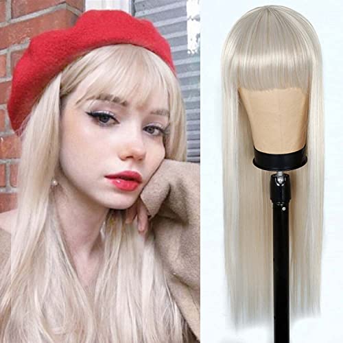 WOCO Blonde Synthetic Hair Wigs Long Straight Hair Mixed Platinum Blonde Color Natural Hair Line Heat Resistant Fiber Hair Wigs for Fashion Women 26 Inch