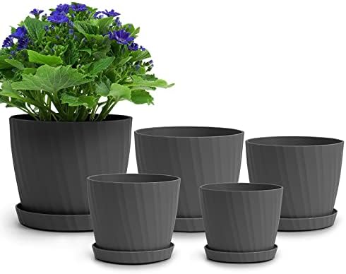 Warmplus Plastic Plant Pots, 19/17.5/16.5/15/14cm Flower Pots Indoor with Drainage Hole and Tray, Indoor Modern Decorative Planter Pot for All House Plants, Flower, Succulents, Cactus, Grey
