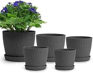 Warmplus Plastic Plant Pots, 19/17.5/16.5/15/14cm Flower Pots Indoor with Drainage Hole and Tray, Indoor Modern Decorative Planter Pot for All House Plants, Flower, Succulents, Cactus, Grey