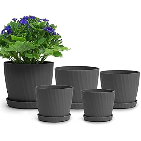 Warmplus Plastic Plant Pots, 19/17.5/16.5/15/14cm Flower Pots Indoor with Drainage Hole and Tray, Indoor Modern Decorative Planter Pot for All House Plants, Flower, Succulents, Cactus, Grey Cover