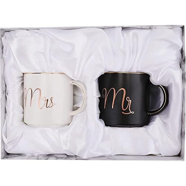 Yesland 12 oz Mr and Mrs Mug, Ceramic Coffee Mug for the Couple, Ideal Gift for Engagement, Anniversary, His and Hers, Bride and Groom, Valentines and Christmas Gifts - Set of 2 (Black & White)