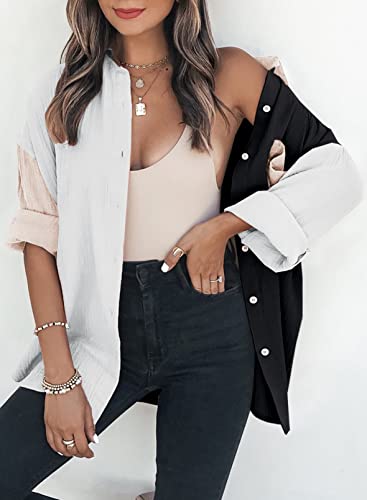 Dokotoo Classic Color Block Button Up Shirts For Women Comfy Roll Up Long Sleeve Turn Down Collar Soft Oversized Boyfriend Tops Outerwear Blouse For Ladies Office Black M #TOP1