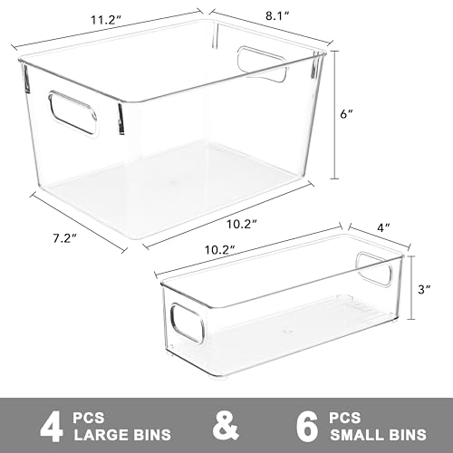 Tiawudi Set of 10 Clear Plastic Storage Bins, 4 Large and 6 Small Stackable Storage Containers for Pantry Organization, Organizer Bins for Home, Kitchen, Bathroom, Office, Cabinet Shelf Organizers - Thumbnail 2