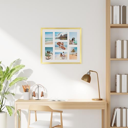 decorUhome 15x17 Picture Frames Collage Wall Decor, Display 7Pcs 4x6 Photos with Mat or 1Pcs 15x17 Unmatted, 7 4x6 Collage Picture Frames for Wall Mounting, Gold