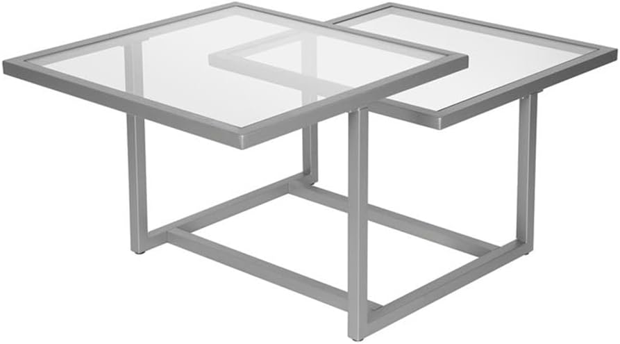 Pemberly Row Metal Two Tier Coffee Table, Satin Nickel Frame, Gray Glass Top, 43 in x 23 in x 18 in, Staggered Square Design, Tempered Glass, Living Room Centerpiece