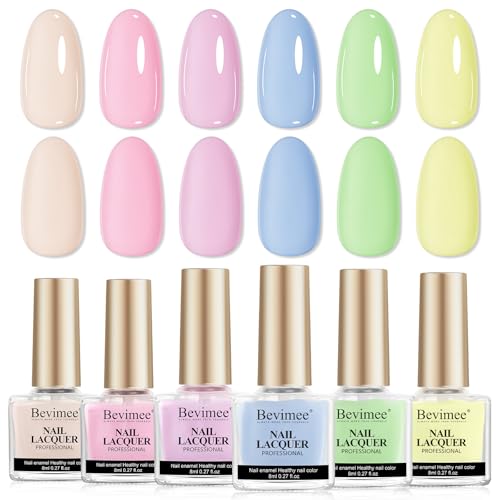 Bevimee Nail Polish Set 6 Colors Pastel Quick Dry Nail Lacquer Sheer Pink, Purple, Blue, Nude Fast Dry Fingernail Polish Bulk DIY Salon Gift for Women Spring Summer Colors,8lm/0.27fl.oz