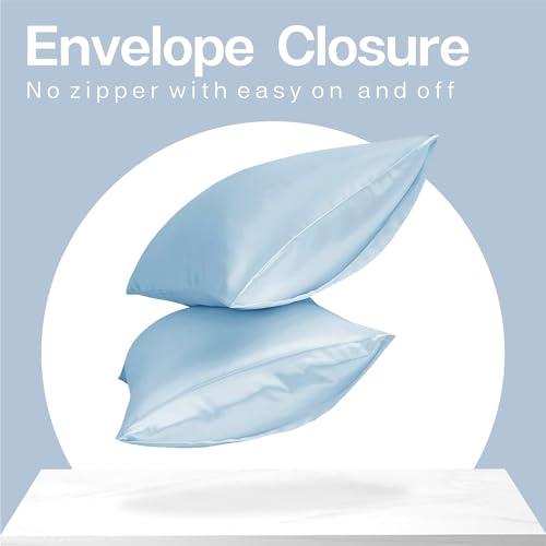 Image of MR&HM Satin Pillowcase for Hair and Skin, Silk Satin Pillowcase 2 Pack, King Size Pillow Cases Set of 2, Silky Pillow Cover with Envelope Closure (20x40, Light Blue)