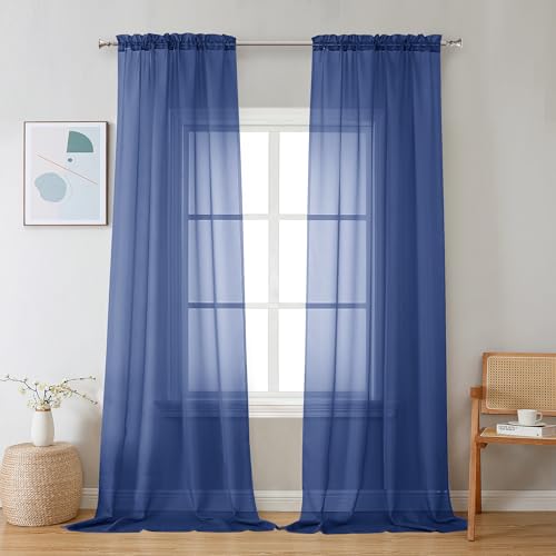 Image of Chyhomenyc Sheer Royal Blue Curtains 90 inches Long 2 Panels, Light Filtering Soft Airy Solid Elegant Voile Window Treatment Drapes for Bedroom Living Room Wedding Party Decor, 42 Wx90 L Inches