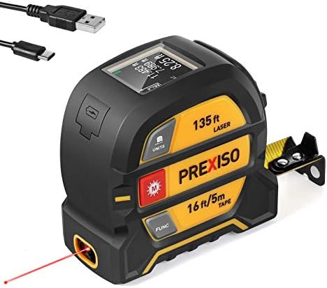 PREXISO 2-in-1 Laser Tape Measure, 135Ft Rechargeable Laser Measurement Tool & 16Ft Measuring Tape Movable Magnetic Hook - Pythagorean Mode, Area, Volume, Ft/Ft+in/in/M Unit Digital Distance Meter