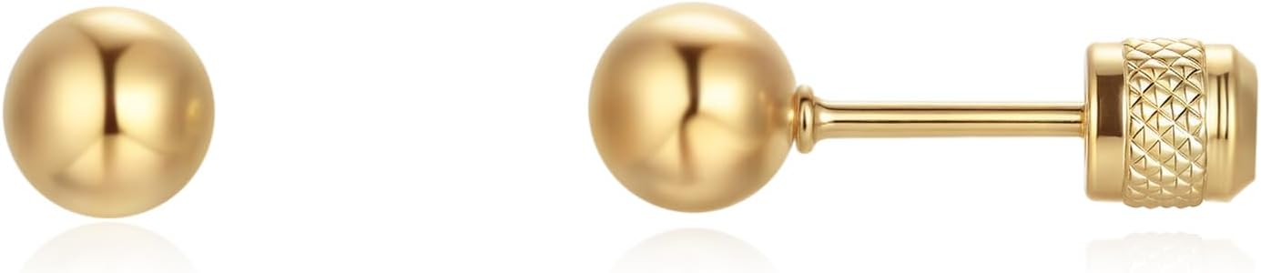 Seraphina 14K Gold Ball Stud Earrings for Women Men Hypoallergenic Screw Back Flatback Cartilage Helix Earrings