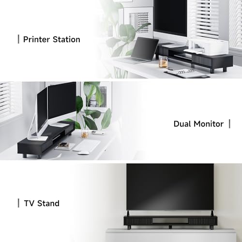 Image of Fenge Dual Monitor Stand, 42.5inch Long Monitor Stands Riser for 2 Monitors, Glass Sliding Door with Storage Organizer Stand for Desk, 2 Tier Desk Shelf for Laptop, Pc, Printer, Computer, TV