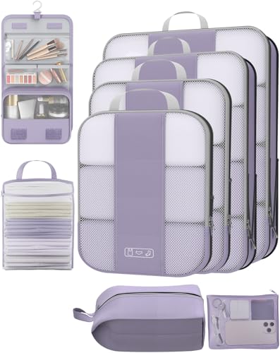 Set of BAGSMART smart packing cubes in lavender, featuring multiple sizes for efficient travel organization, including a mesh design for visibility and a compact toiletry bag for essentials.