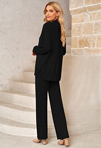 Womens Two Pc Knit Tracksuits High Neck Sweater Jumper Matching Wide Leg Long Pants Casual Pajamas Set Black Xl #TOP3