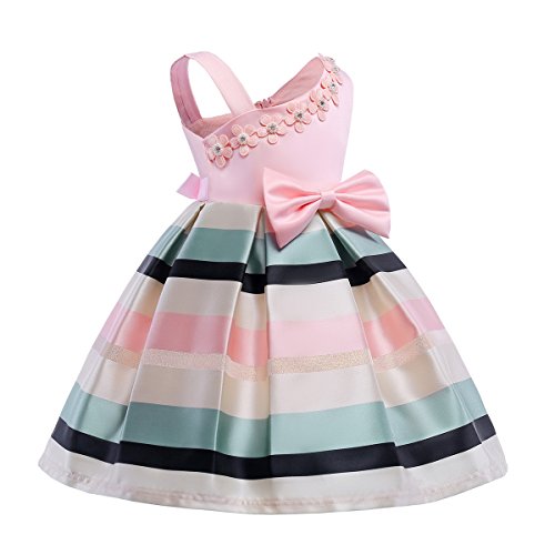 Children Stripe Pageant Dresses for Girls Off Shoulder Block Color Bowknot Dress (Pink,140)