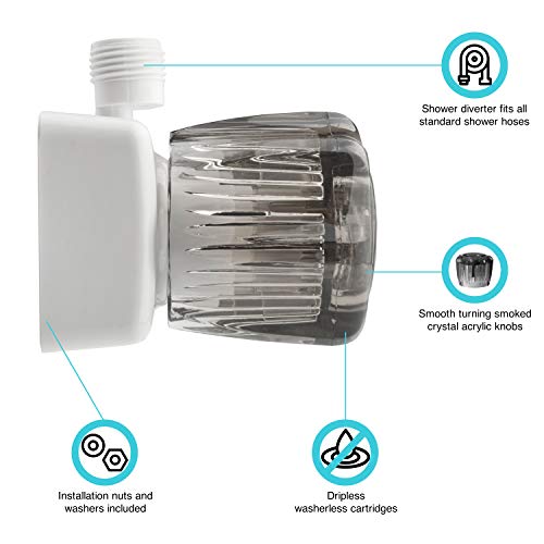 Image of Dura Faucet DF-SA100S-WT RV /Motorhome /Trailer Shower Faucet Valve Diverter with Smoked Acrylic Knobs (White)