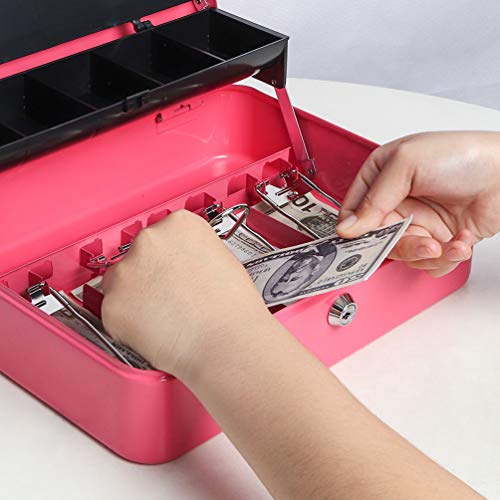 Cash Box with Money Tray and Key Lock, Parrency Large Money Box, 5 Compartments with Cover for Cions & 4 Spring-Loaded Clips for Bills, 11 4/5\" x 9 2/5\" x 3 1/2\", Pink