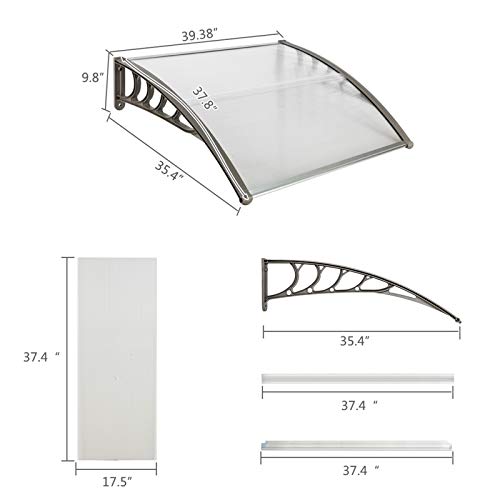 Window Awning Door Canopy,35" x 40" Polycarbonate Cover Front Door Outdoor Patio Awning Canopy UV Rain Snow Protection Hollow Sheet, White & Gray Bracket