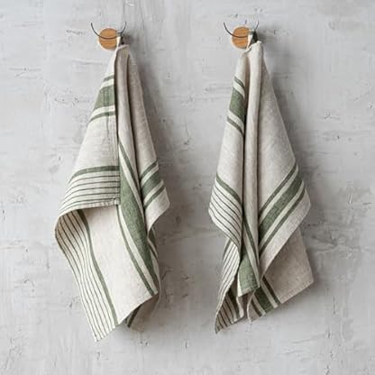 LinenMe Set mit 2 Geschirrtuch Leinen 100%, 45x66 cm Provence - Leinentuch mit Aufhänger - Geschirrtücher & Küchentücher in Natur/Waldgrün gestreift, Hergestellt in Litauen
